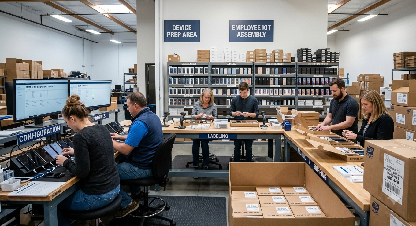 Business smartphones being configured, labeled, packed, and prepared for employees